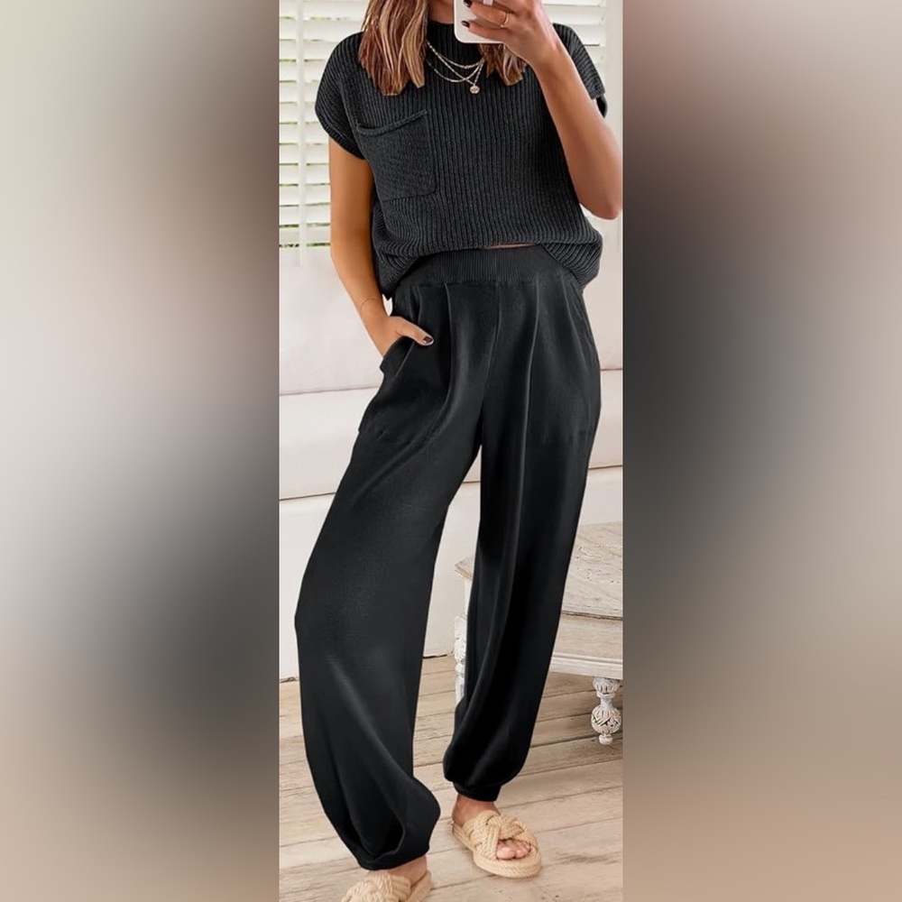 Two Piece Sweater Sets Knit Pullover Top and High Waist Pant Lounge Set - Black